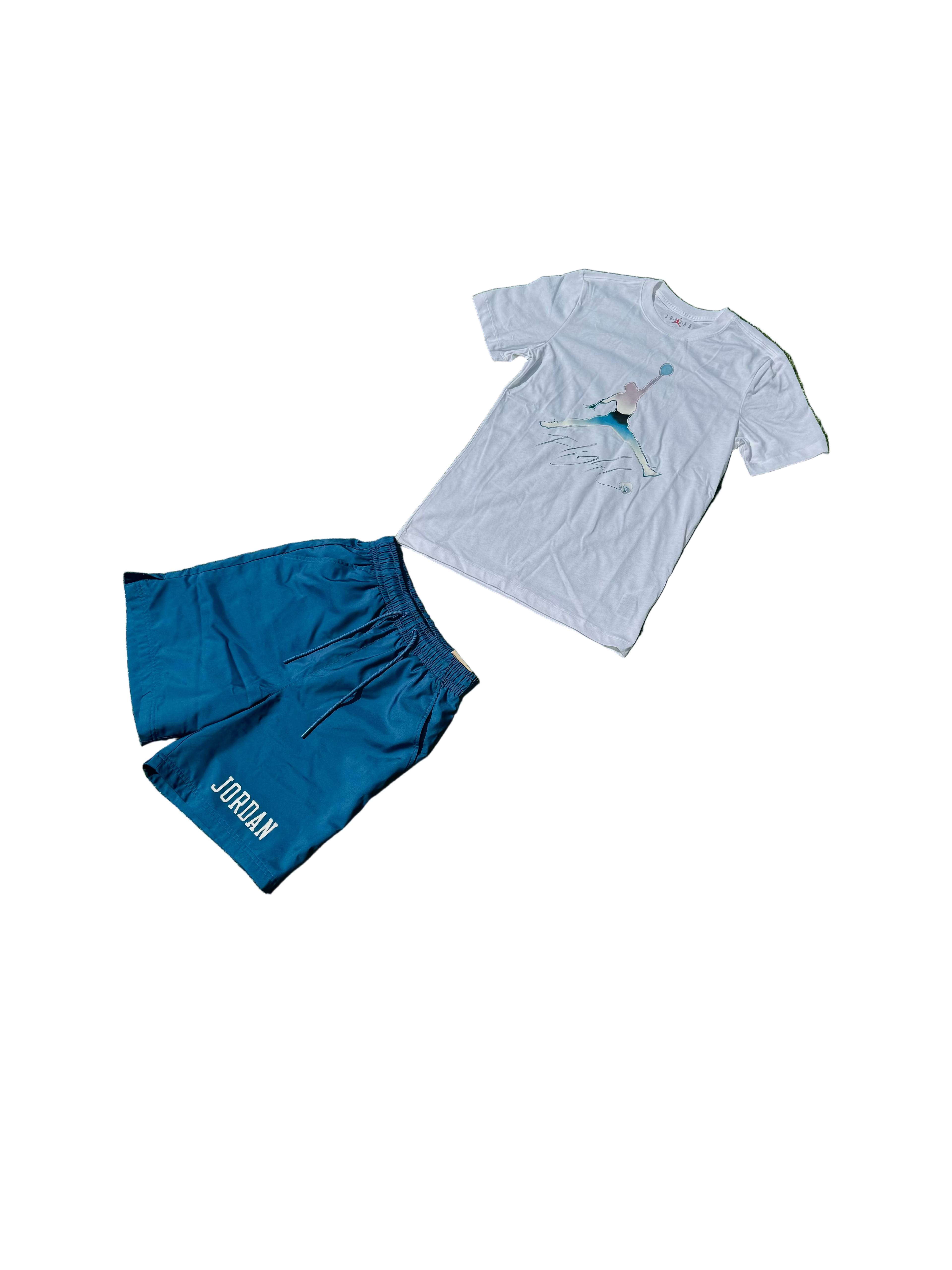 NIKE AIR JORDAN ESSENTIALS GRAPHIC TEE SHORT SET “WHITE / INDUSTRIAL BLUE”