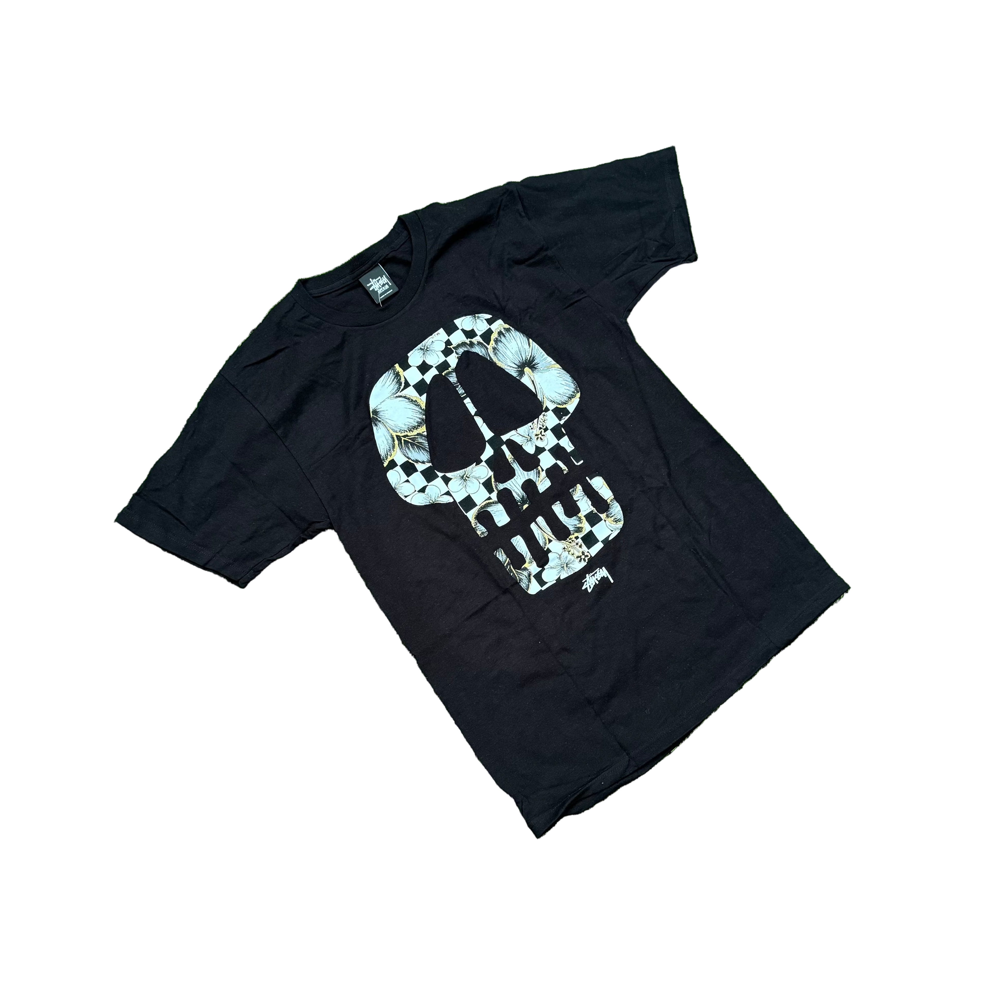 STUSSY FLOWER CHECK SKULL TEE “BLACK”