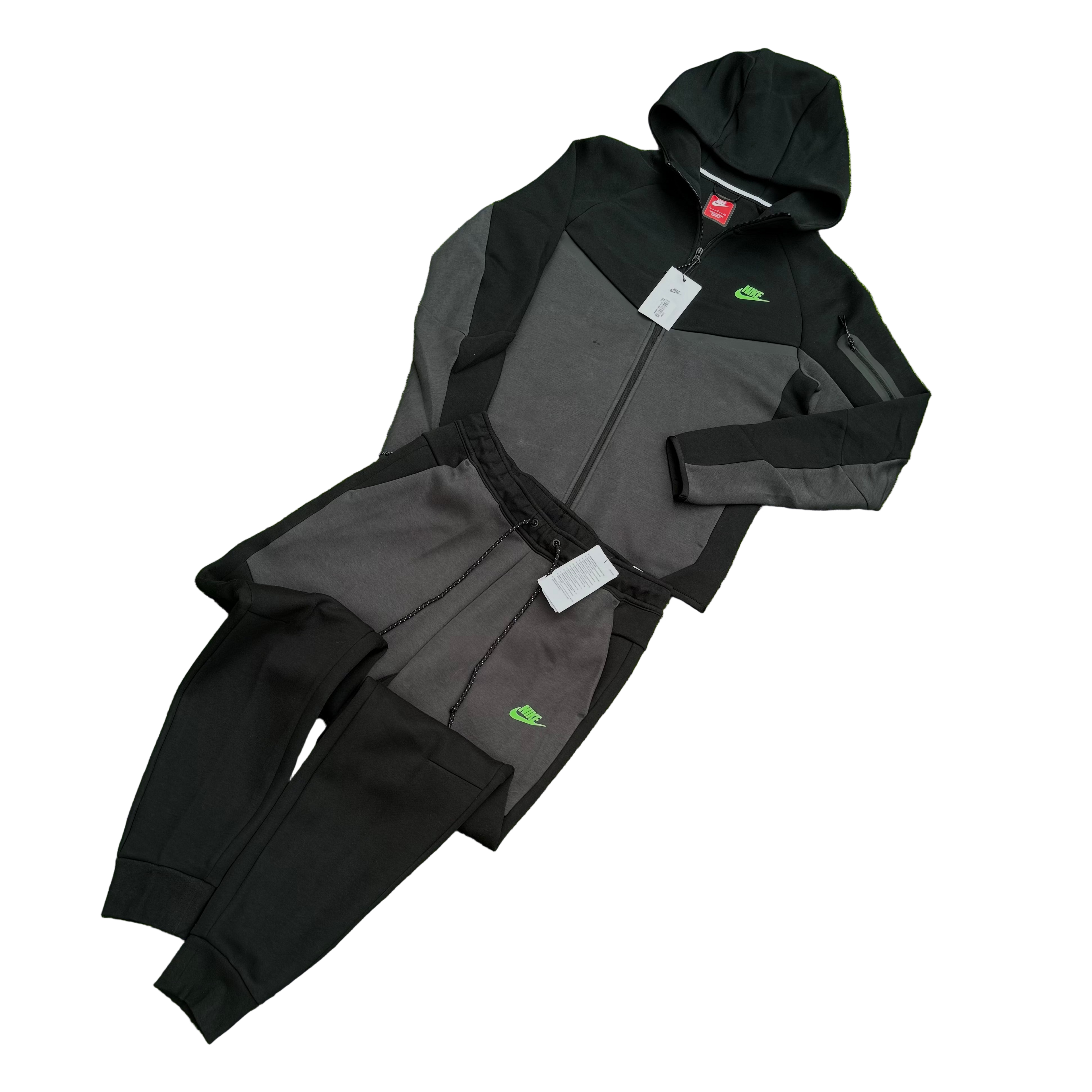 NIKE TECH FLEECE TRACKSUIT SET “BLACK / ANTHRACITE / GREEN TICK”